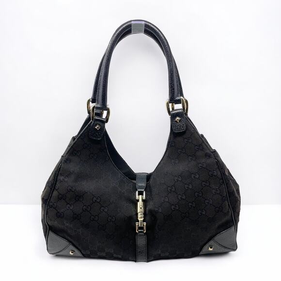 SOLDGucci Monogram GG Jackie Piston Nailhead Vintage Shoulder Bag Canvas Leather - Picture 1 of 15
